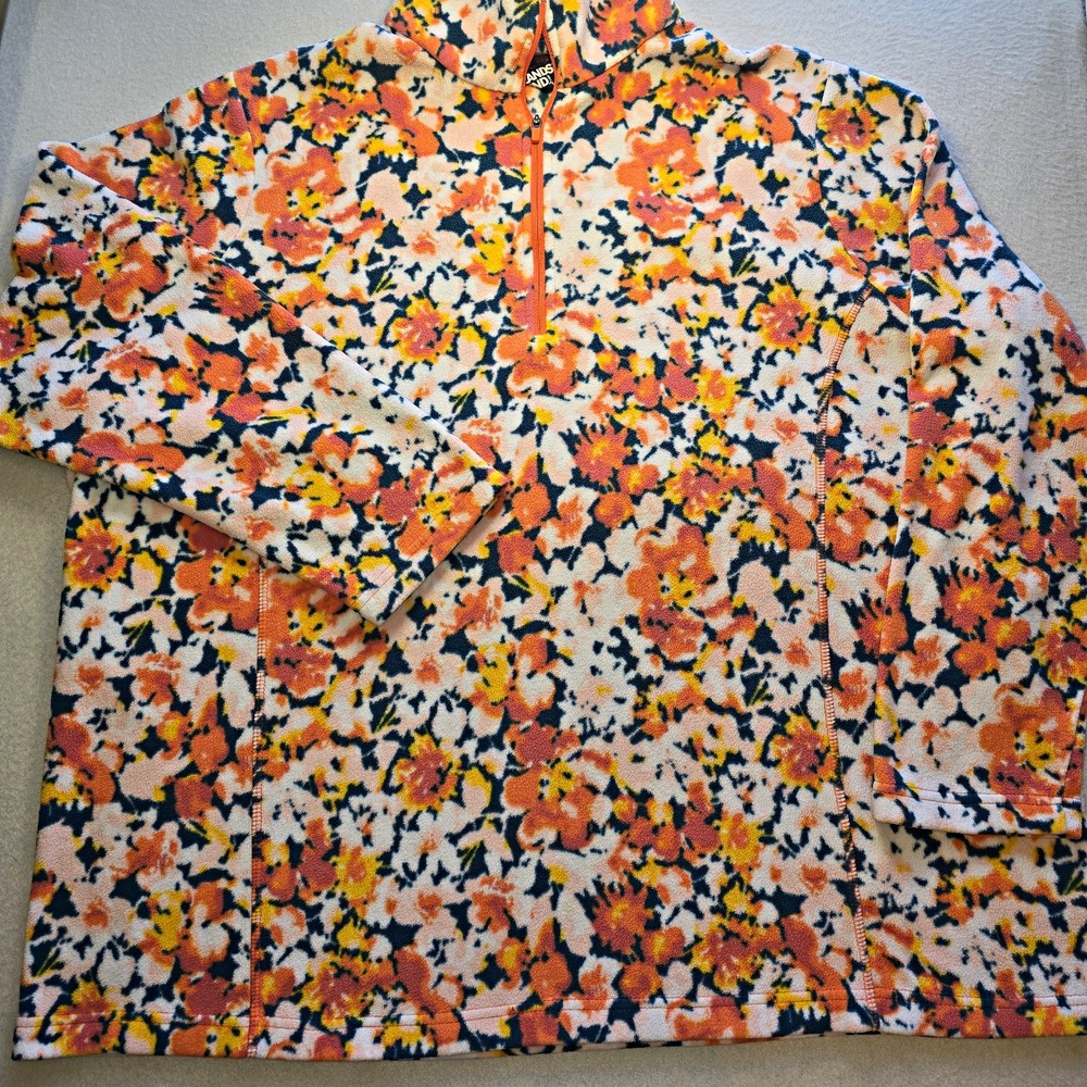 Lands End Fleece Pullover Womens 2XL Plus Floral Quarter Zip Baltic Orange Warm.